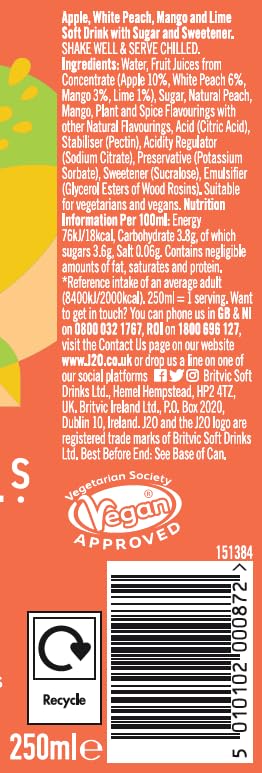 J2O Mocktail Peach and Mango Daiquiri, 250ml Can (Pack of 12)