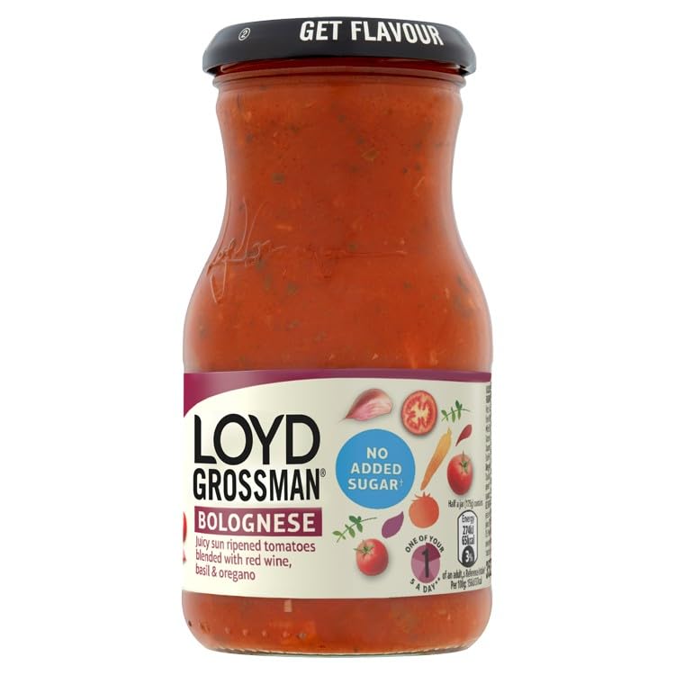 Loyd Grossman No Added Sugar Italian Bolognese Sauce – Sun-Ripened Tomatoes & Herbs, 350g Jar