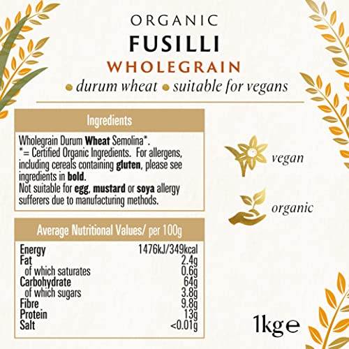 Biona Organic Wholegrain Fusilli 1kg - Bronze Extruded Pasta Made from Organic Durum Wheat