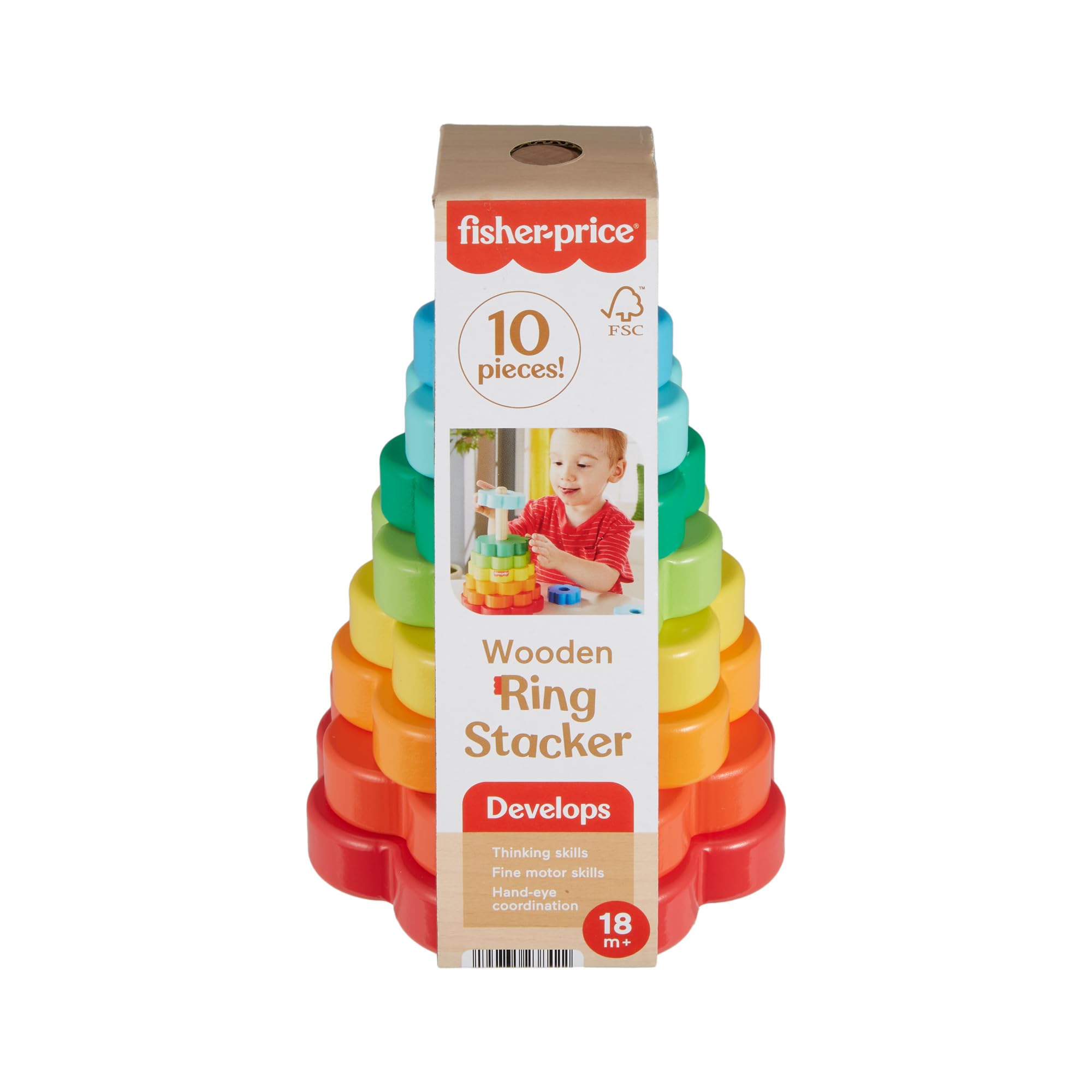 Fisher-Price Wooden Ring Stacker Toy - 10-Piece Educational Stacking Set for Toddlers 18+ Months