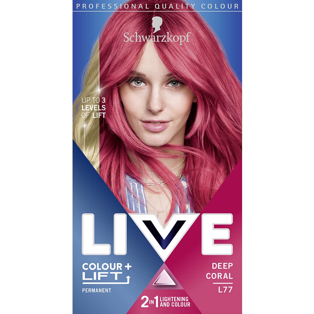 Schwarzkopf LIVE Colour + Lift Deep Coral L77 Permanent Hair Dye - Vibrant Pink with Built-In Lightener (60ml)
