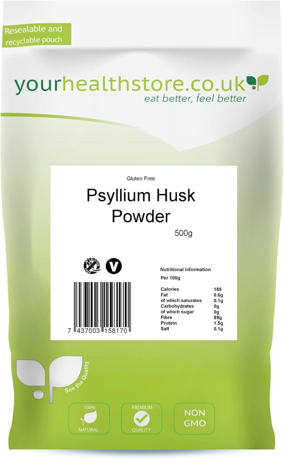 Psyllium Husk Powder 500g - 100% Pure, High Fibre, Vegan Friendly