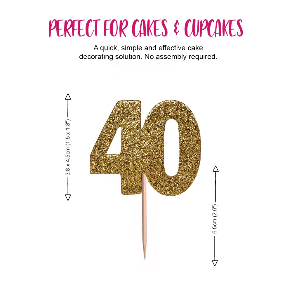 Anniversary House 12 Pcs Gold Glitter 40th Birthday Cake Toppers, 3.8 x 4.5 cm