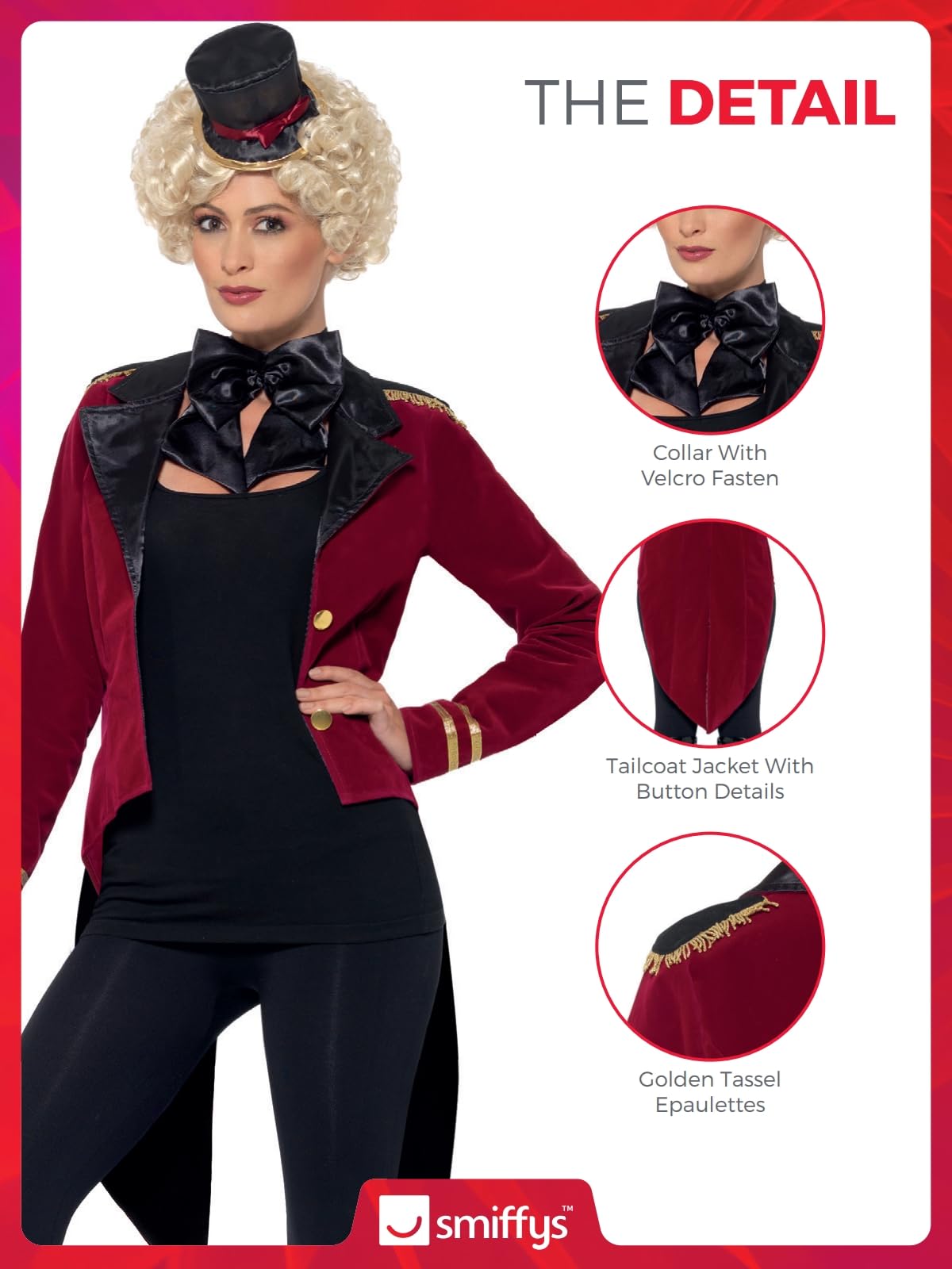 Smiffys Ringmaster Costume - Adult Circus Fancy Dress with Jacket, Collar & Mini Top Hat