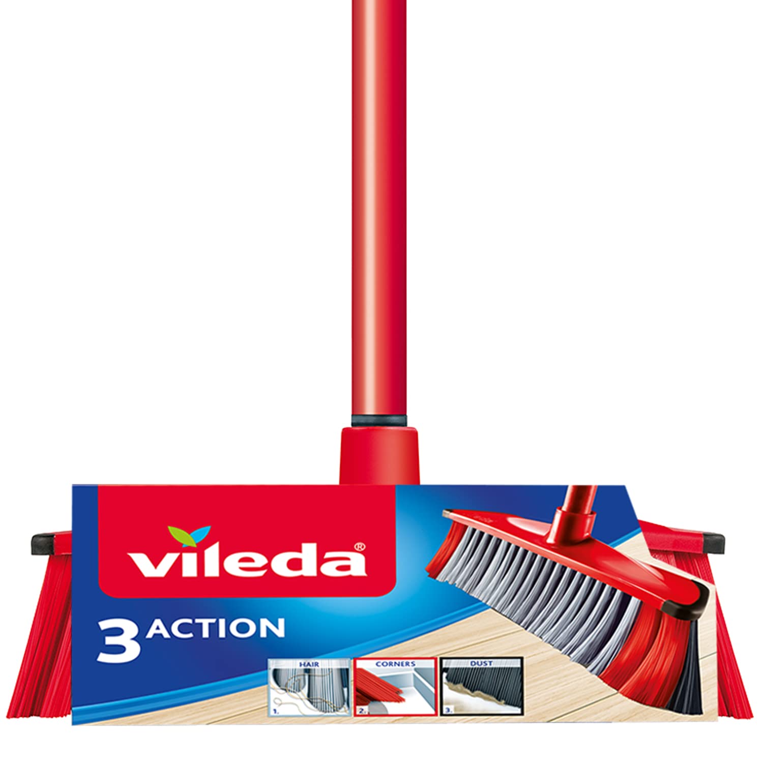 Vileda 3Action Indoor Broom with 3 Different Bristles, Red - Grey, 28 x 14 cm