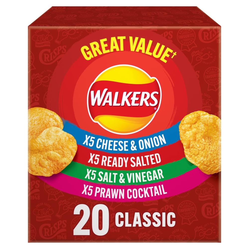Walkers Classic Variety Multipack Crisps Box 20x25g - Ready Salted, Cheese & Onion, Salt & Vinegar, Prawn Cocktail