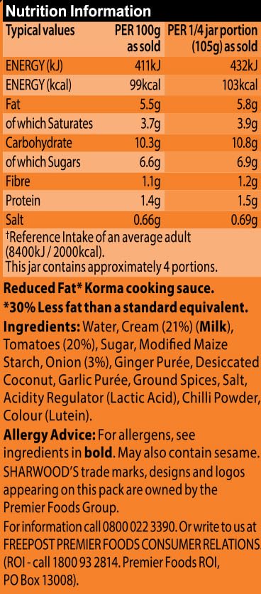 Sharwood's Indian Korma Sauce – 30% Less Fat, Creamy Coconut & Tomato Blend, 420g