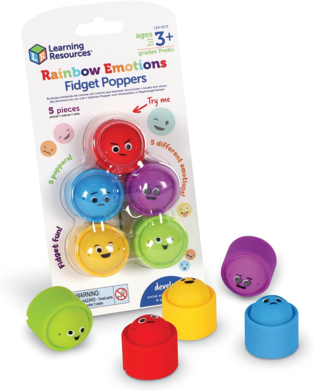 Learning Resources Rainbow Emotion Fidget Poppers - 5-Piece SEL Sensory Toy for Ages 3+