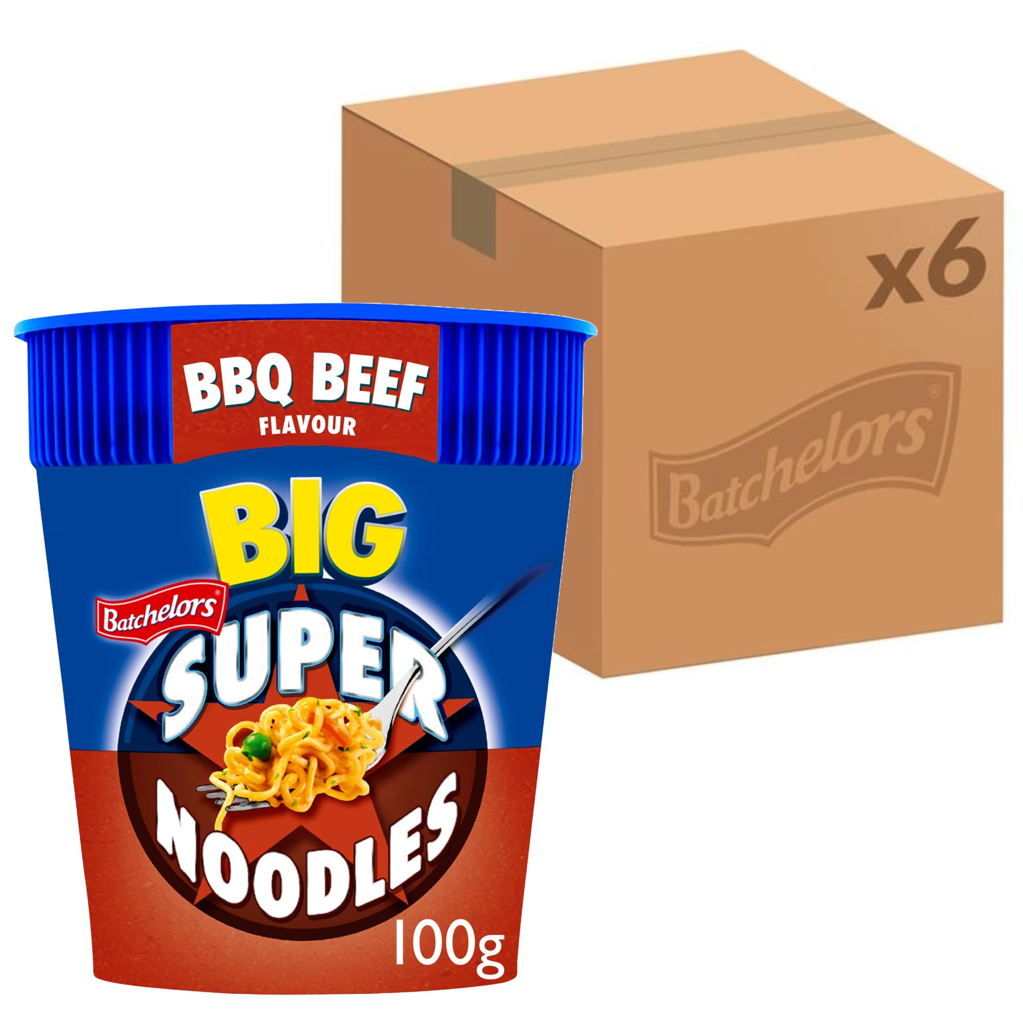 Batchelors Big Super Noodles BBQ Beef Flavour Instant Snack Pot, 100 g (Pack of 6)