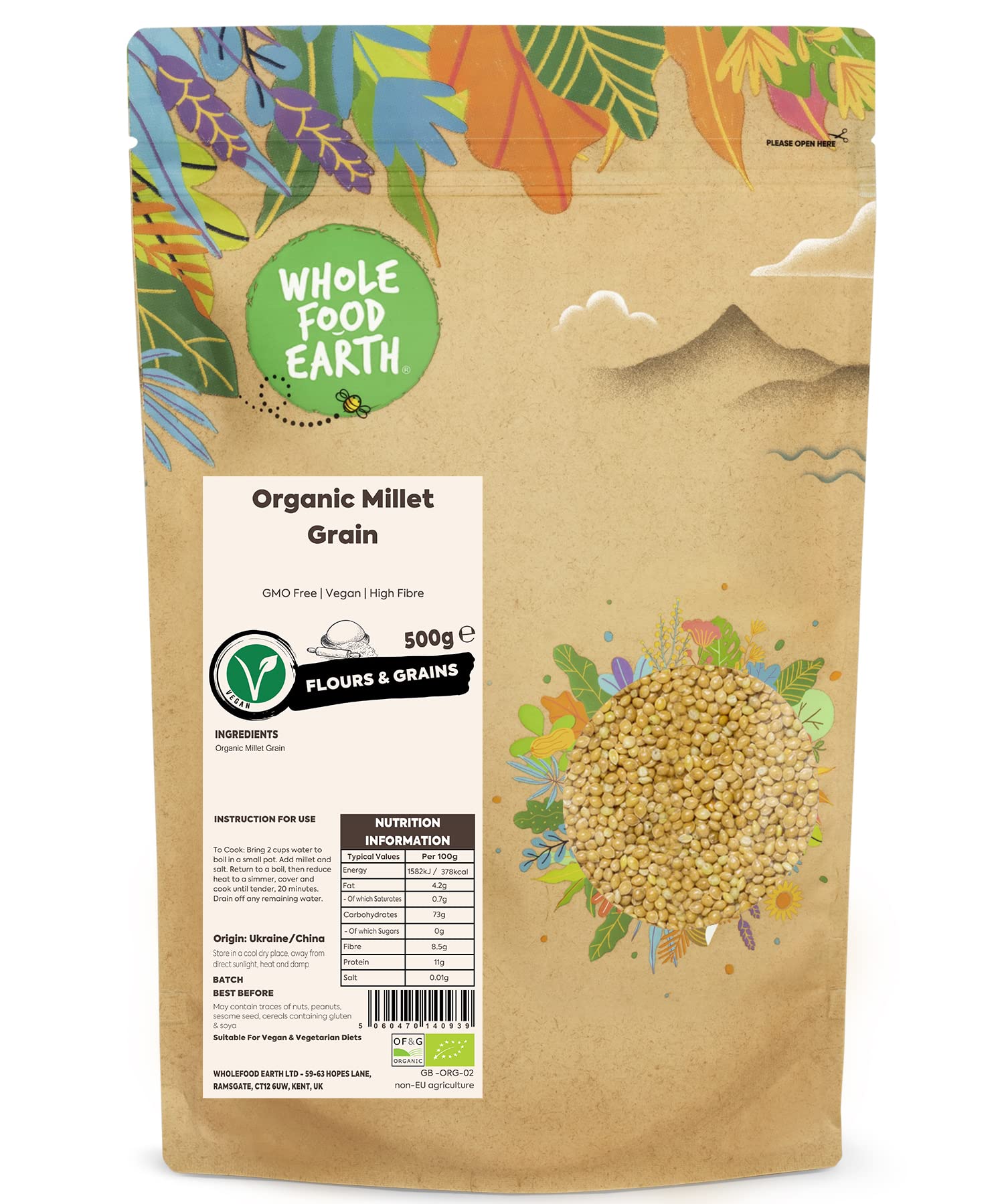 Wholefood Earth Organic Millet Grain – 500g | GMO Free | Vegan | High Fibre