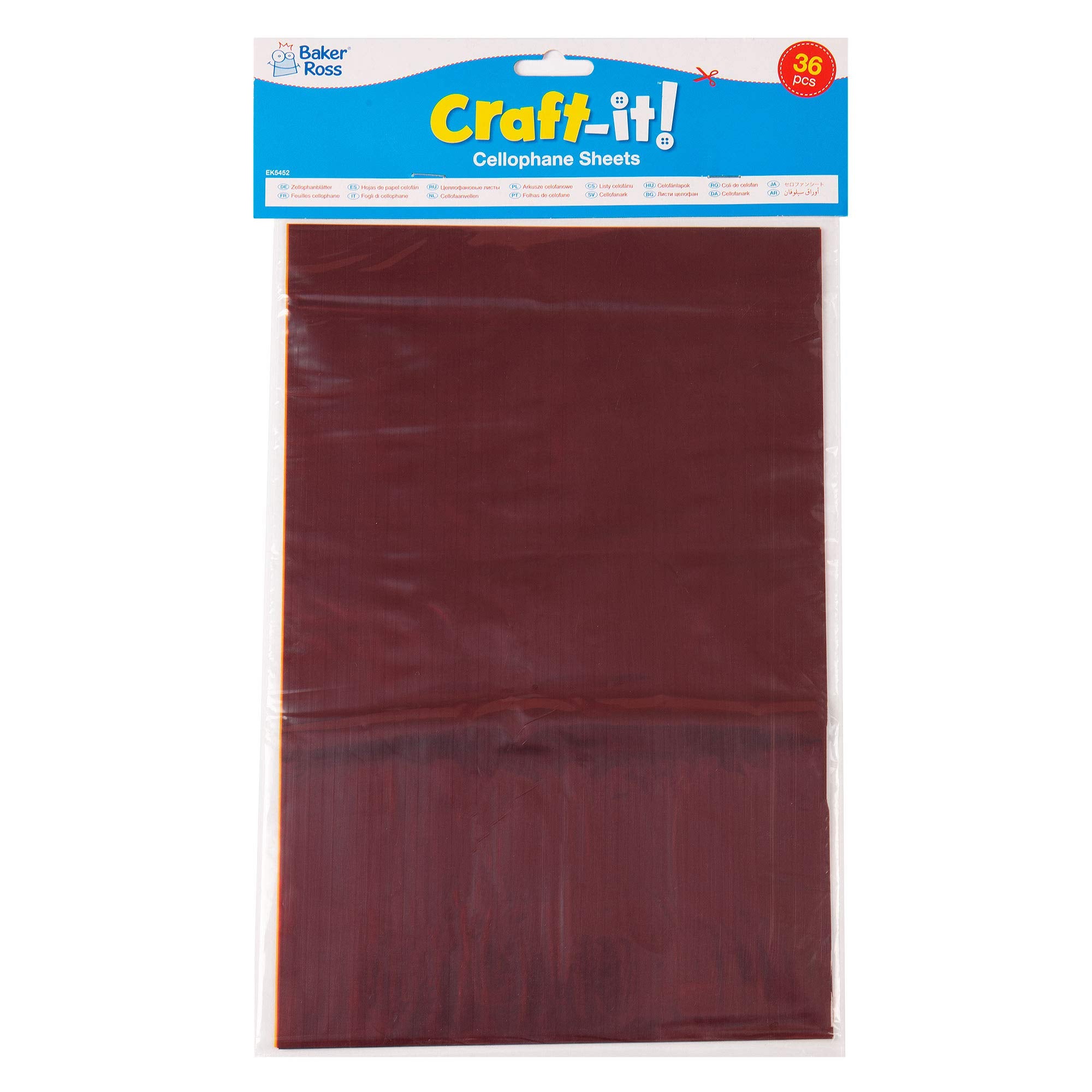 Baker Ross - EK5452 Coloured Cellophane Sheets for Art & Craft, A4, 36-Sheet Pack