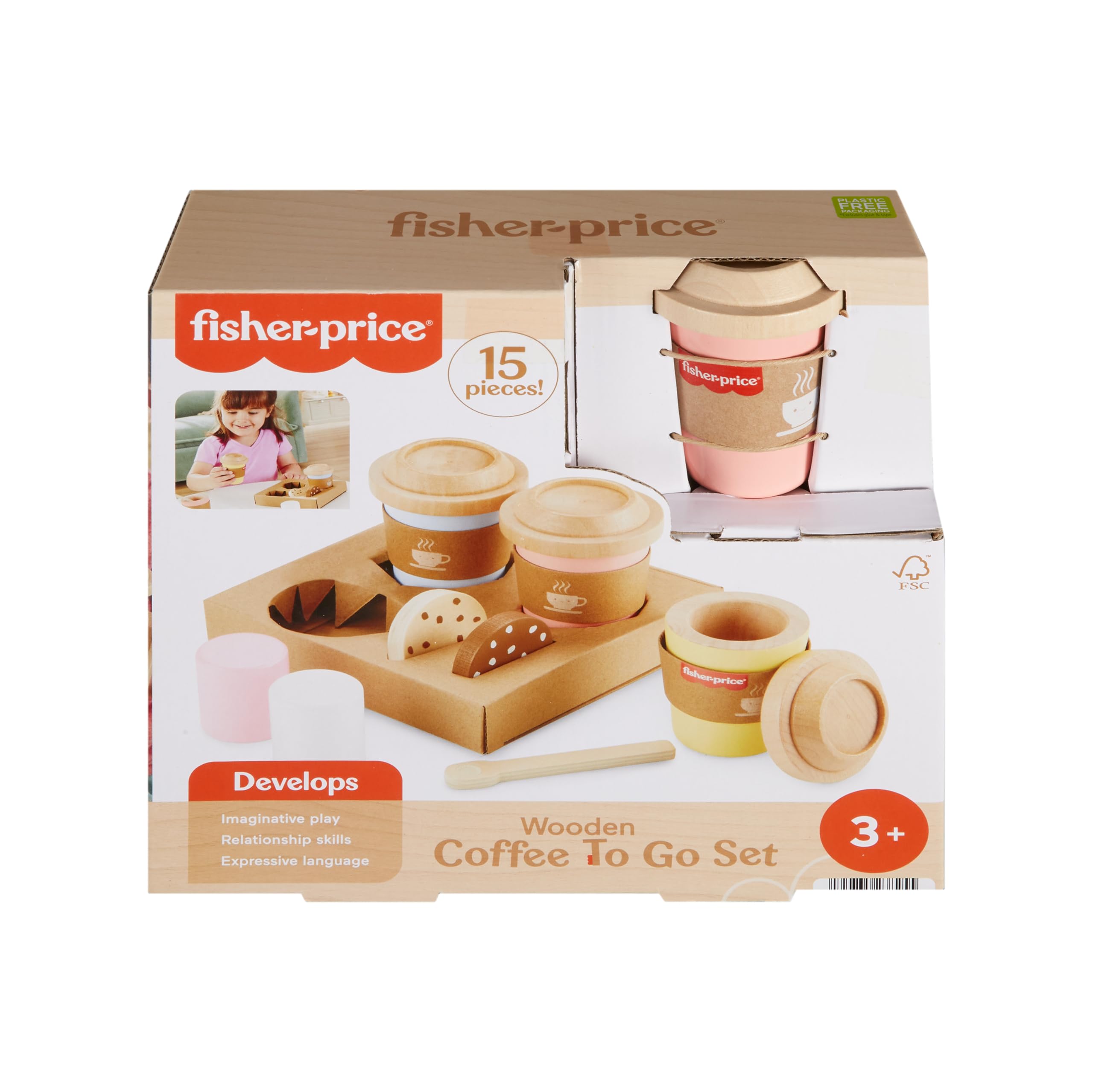 Fisher-Price Wood Pretend Play Coffee To Go Café Set - 15-Piece Wooden Playset for Ages 3+