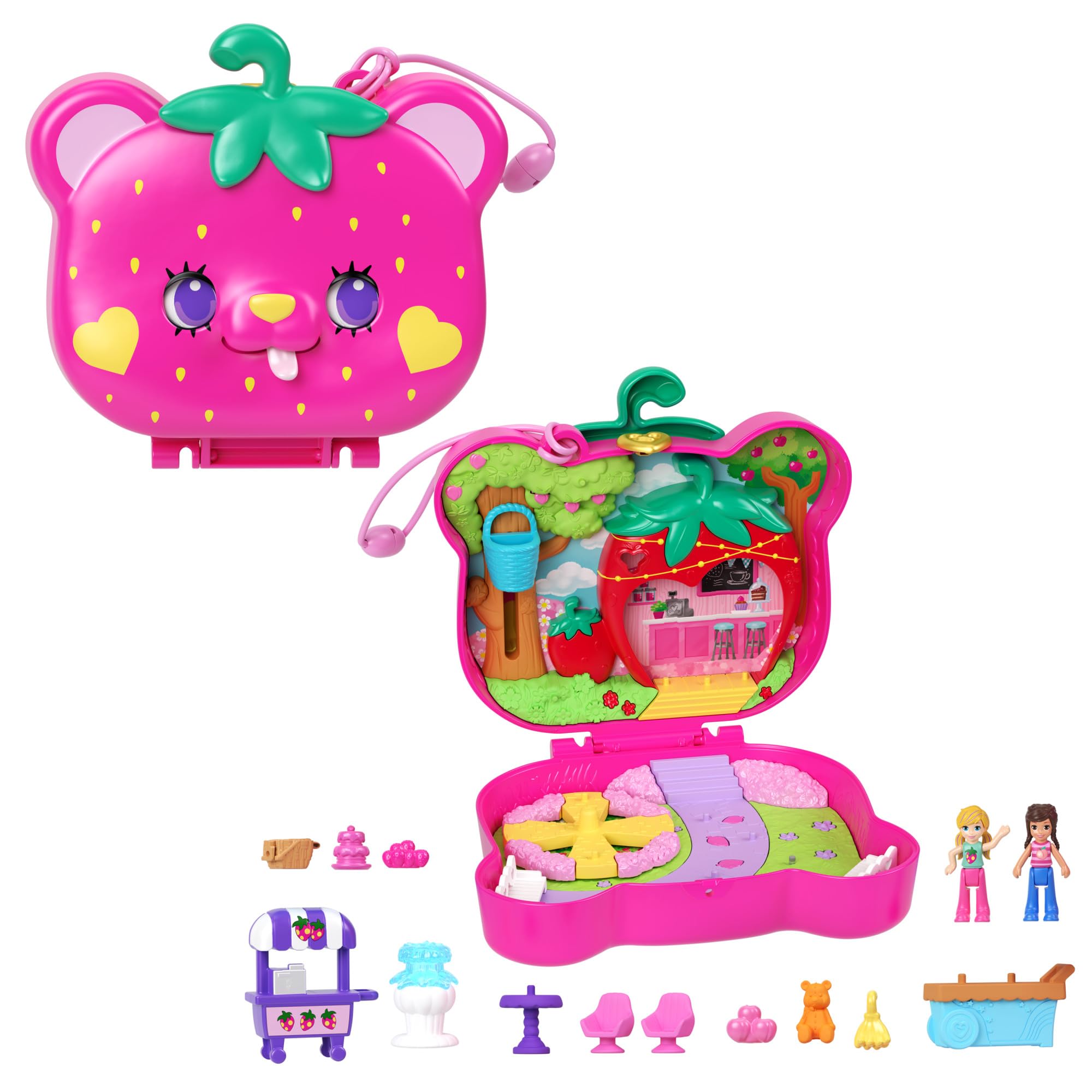 Polly Pocket Straw-beary Patch Compact Playset - 2 Micro Dolls, 12 Accessories, Fidget Exterior, Ages 4+