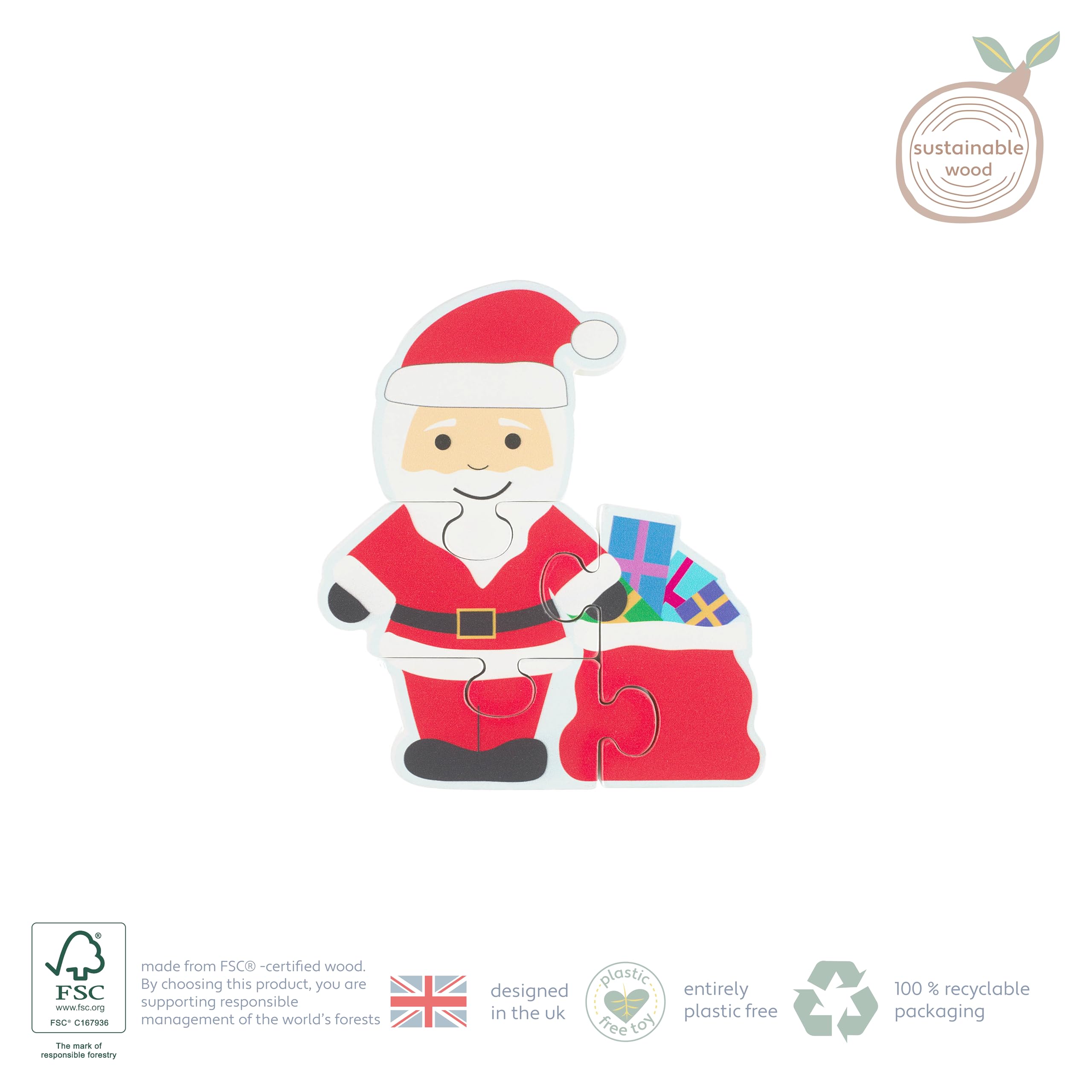 Christmas Mini Wooden Puzzle - Father Christmas Jigsaw for Toddlers, Educational Montessori Toy by Orange Tree Toys