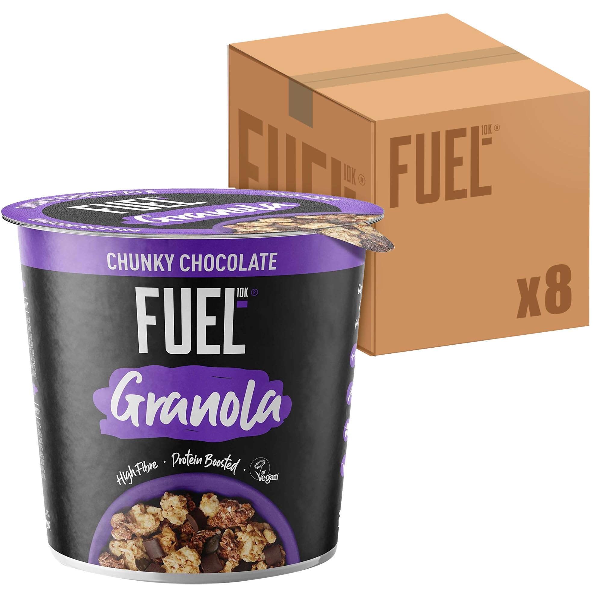 FUEL10K Chocolate Protein Granola Cereal Pot, 70g (Pack of 8) - Vegan-Friendly, High Protein Breakfast Snack