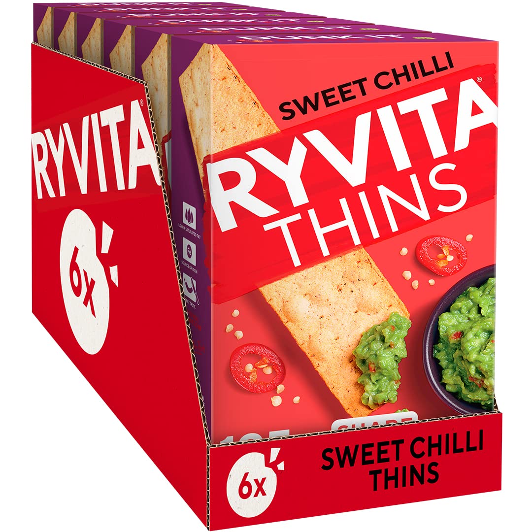Ryvita Sweet Chilli Thins | Crispy Flatbreads for Dipping, Snacking & Sharing | Source of Fibre | 6 x 125g