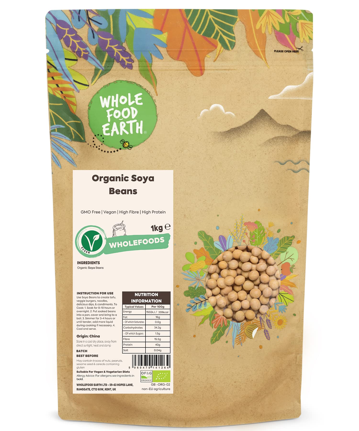 Wholefood Earth Organic Soya Beans 1kg - GMO Free, Vegan, High Fibre, High Protein