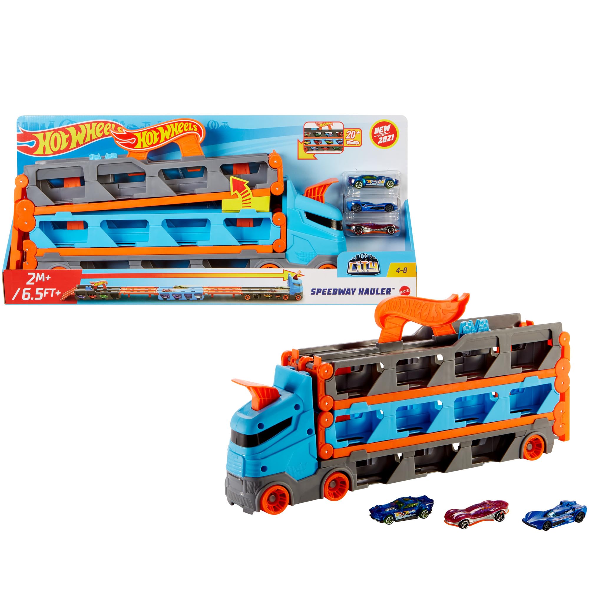 Hot Wheels Speedway Hauler - 3-in-1 Storage Carrier with 6-Foot Drag Race Track & 3 Cars for Kids 4-8 Years