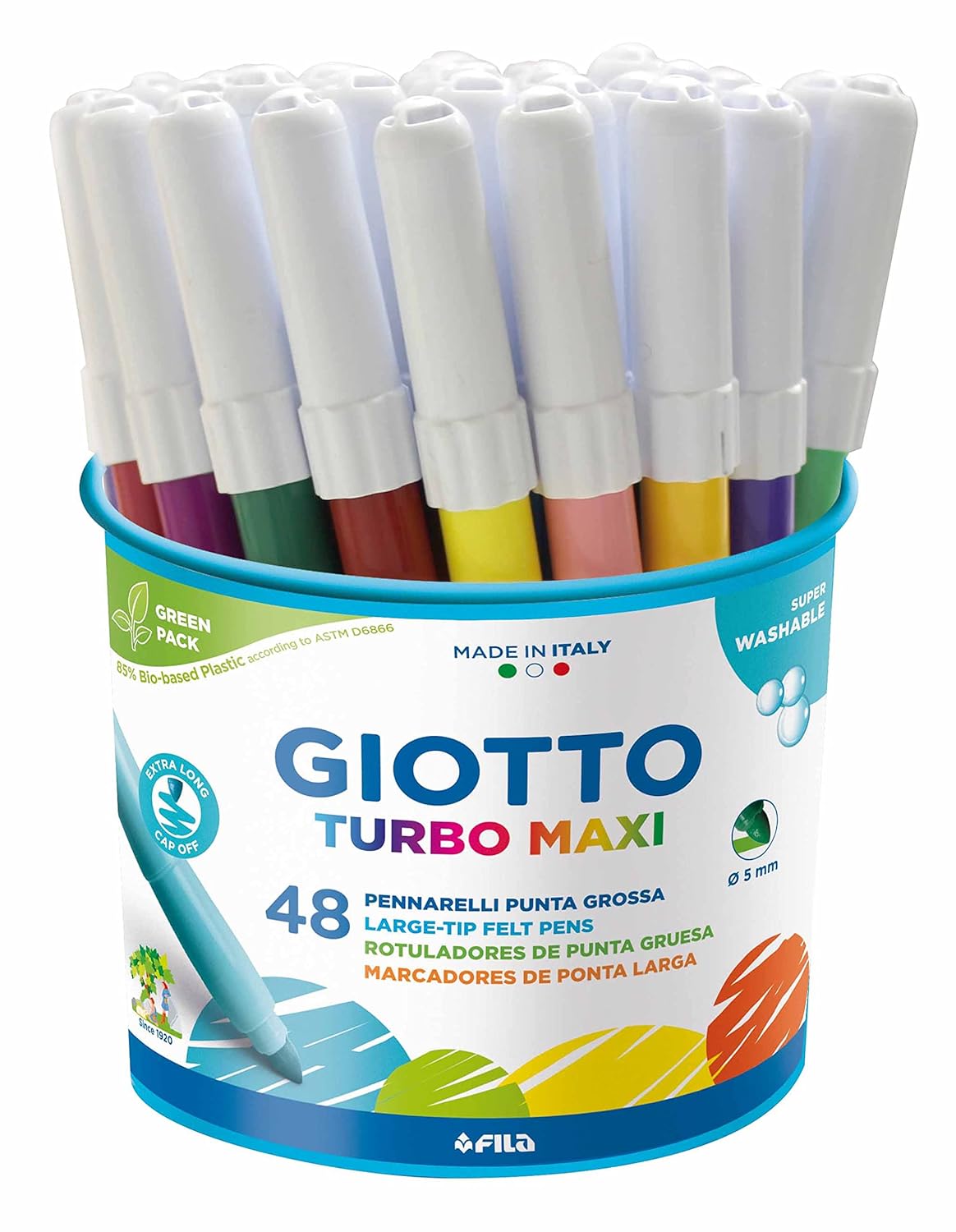 Giotto Turbo Maxi Felt-Tip Pens - Superwashable, Extra Long Cap-Off, 48-Pack