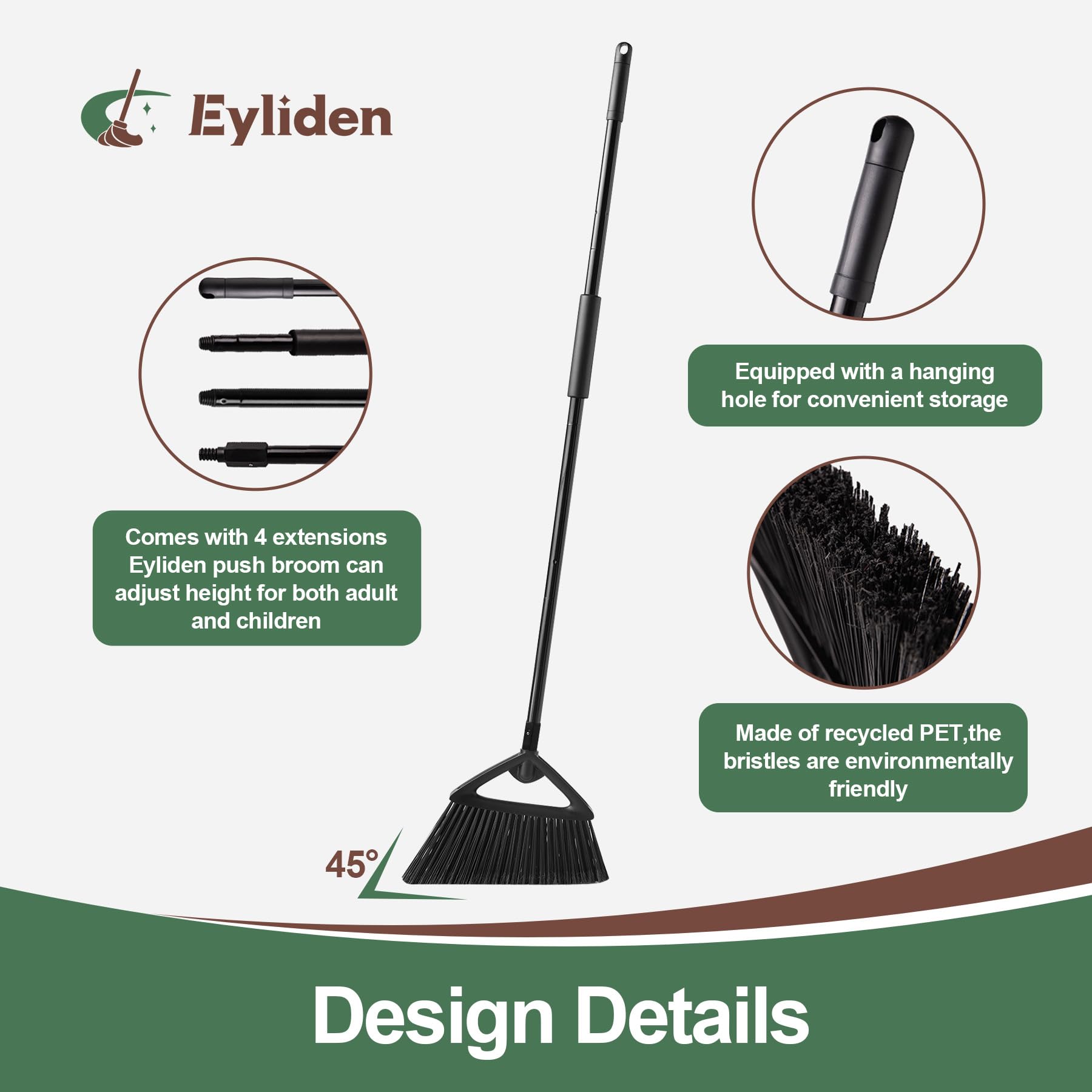 Eyliden Heavy Duty Angle Broom with Long Handle - 57.48 Inch Commercial Broom for Indoor & Outdoor Cleaning