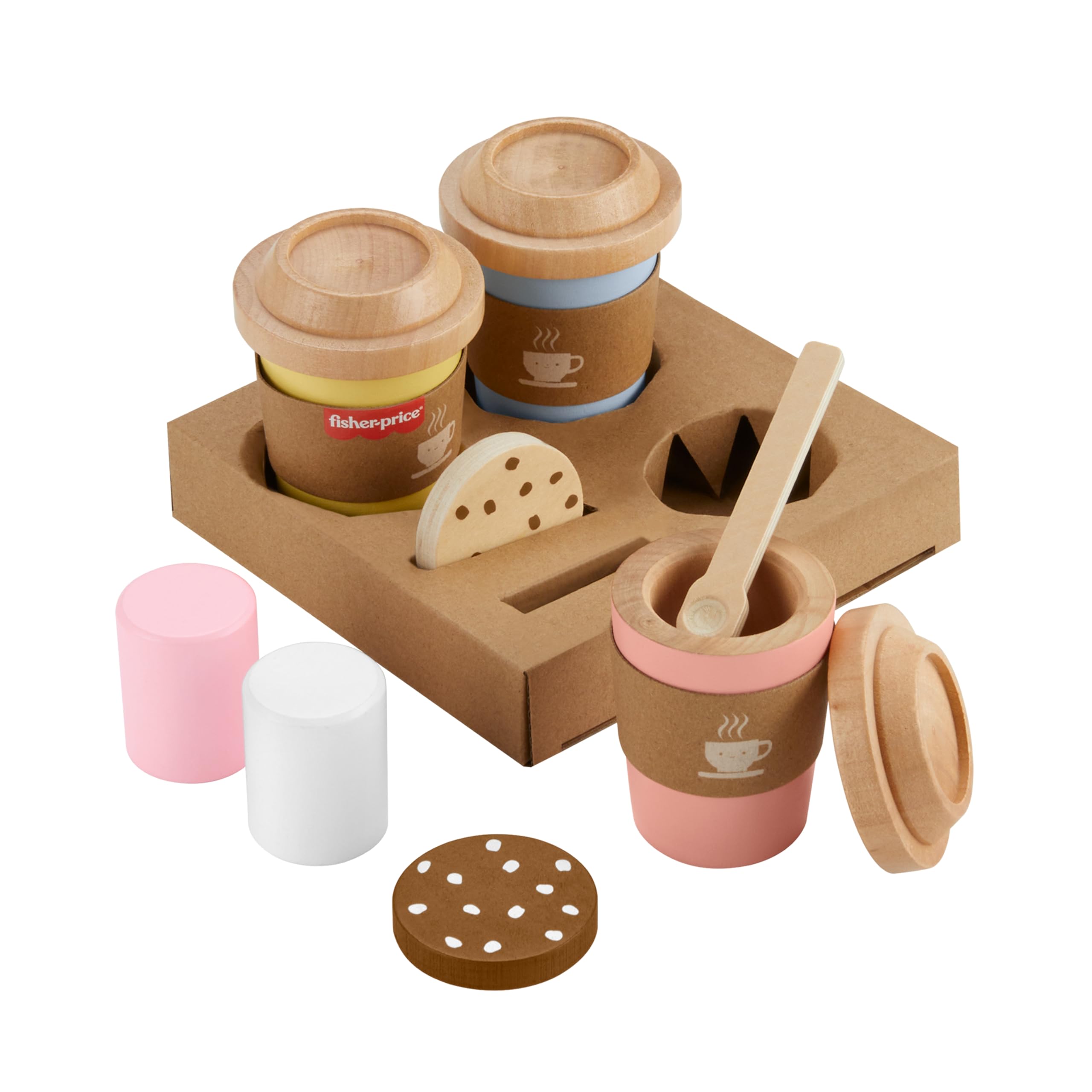 Fisher-Price Wood Pretend Play Coffee To Go Café Set - 15-Piece Wooden Playset for Ages 3+