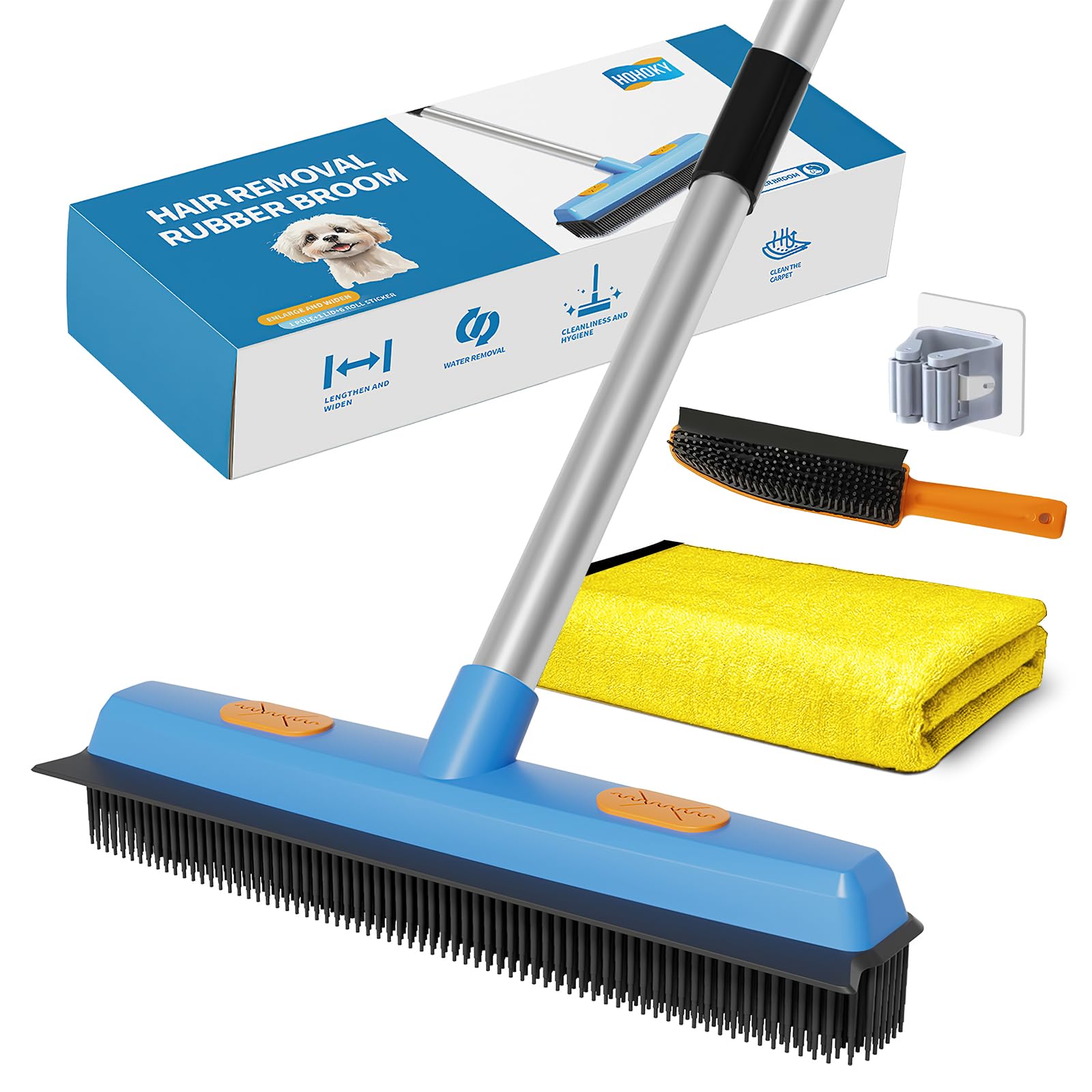 Woobroo - Rubber Brush Pet Hair Removal Broom with Squeegee and 149cm Adjustable Handle