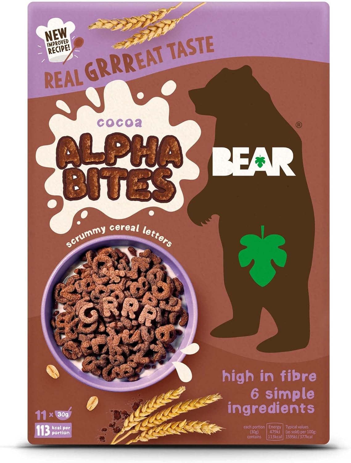 BEAR Alphabites Cocoa Cereal for Kids - High Fibre - No Added Salt - 375g Pack of 2