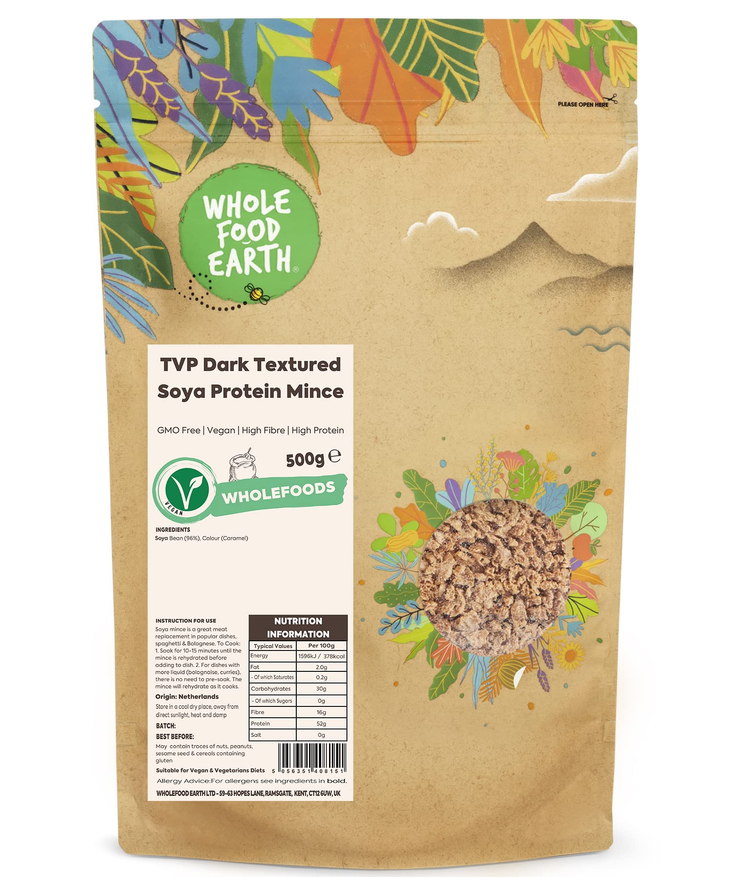 Wholefood Earth TVP Dark Textured Soya Protein Mince 500g | GMO-Free | Vegan | Recyclable Packaging
