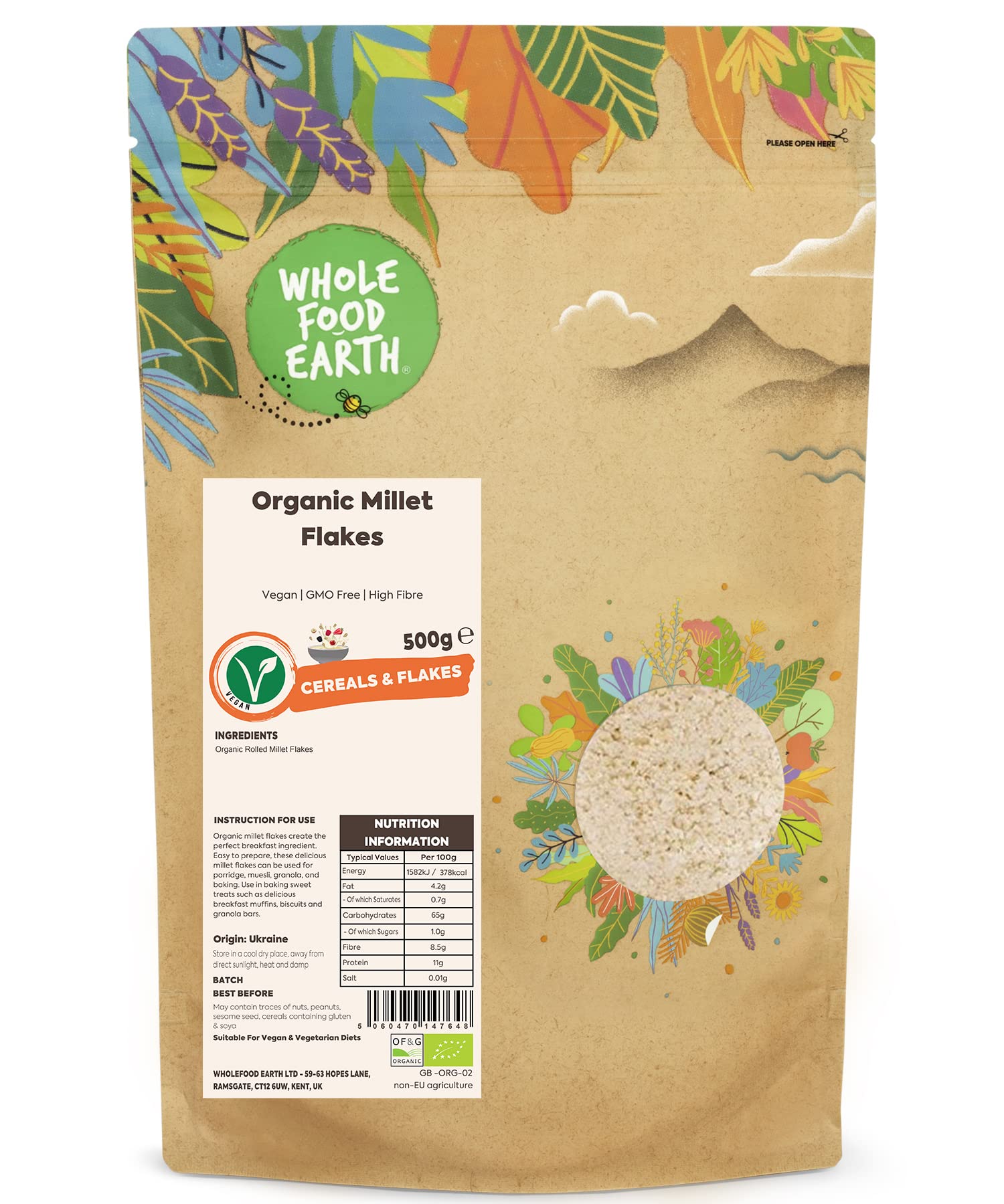 Wholefood Earth Organic Millet Flakes – 500g | Vegan | GMO Free | High Fibre | Recyclable Packaging