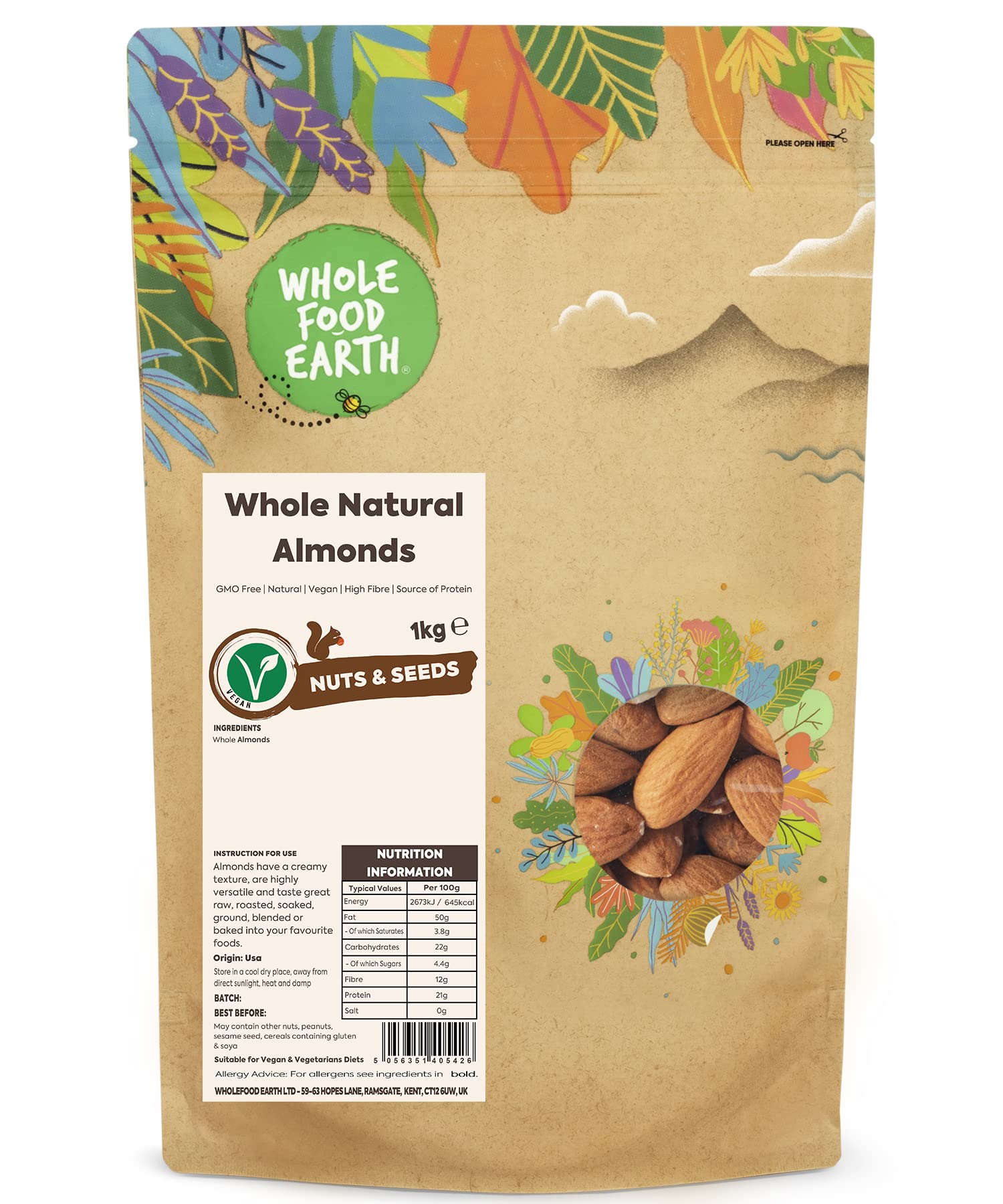 Wholefood Earth Whole Natural Almonds 1 kg | GMO-Free | Vegan | High in Fibre