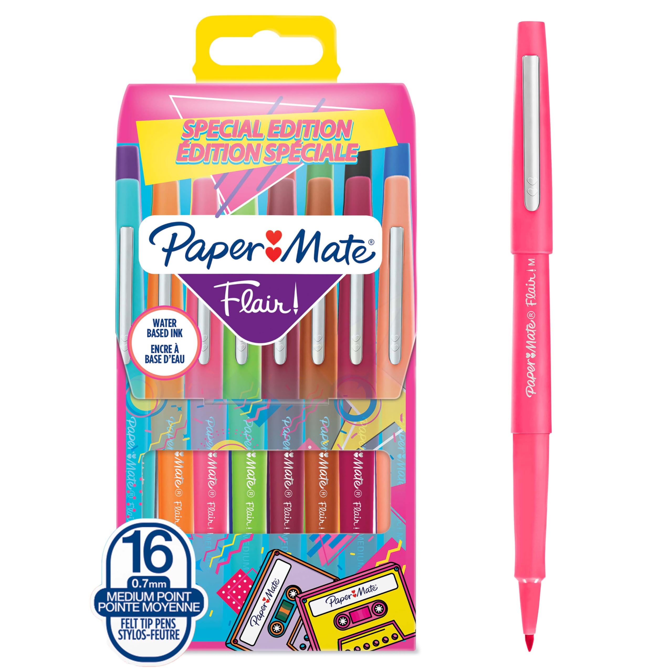 Paper Mate Flair Felt Tip Pens - Medium Point 0.7 mm Assorted Retro Colouring Pens, 16 Count