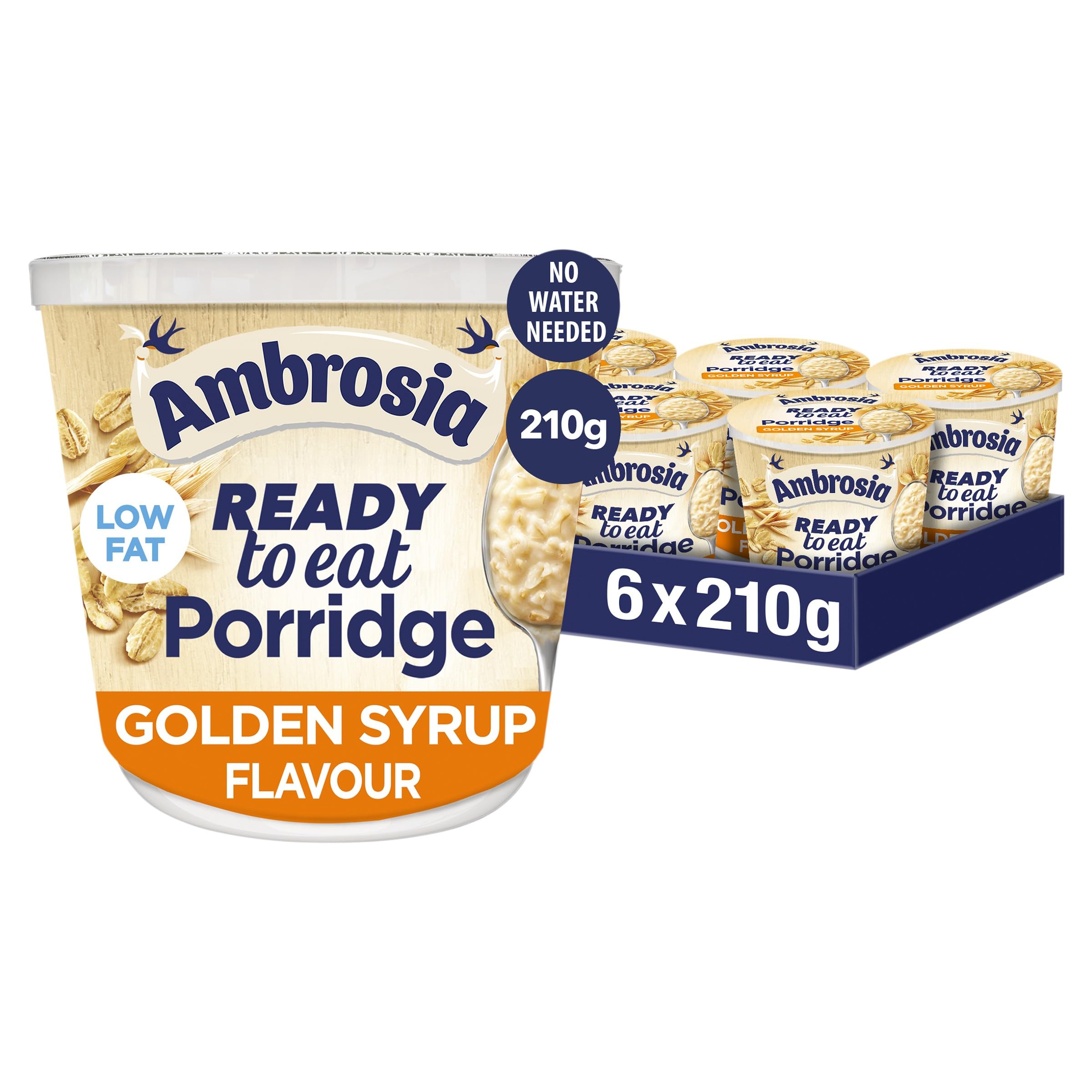 Ambrosia - Golden Syrup Flavour Low Fat Porridge Pots with British Wholegrain Oats, 210g (Pack of 6)