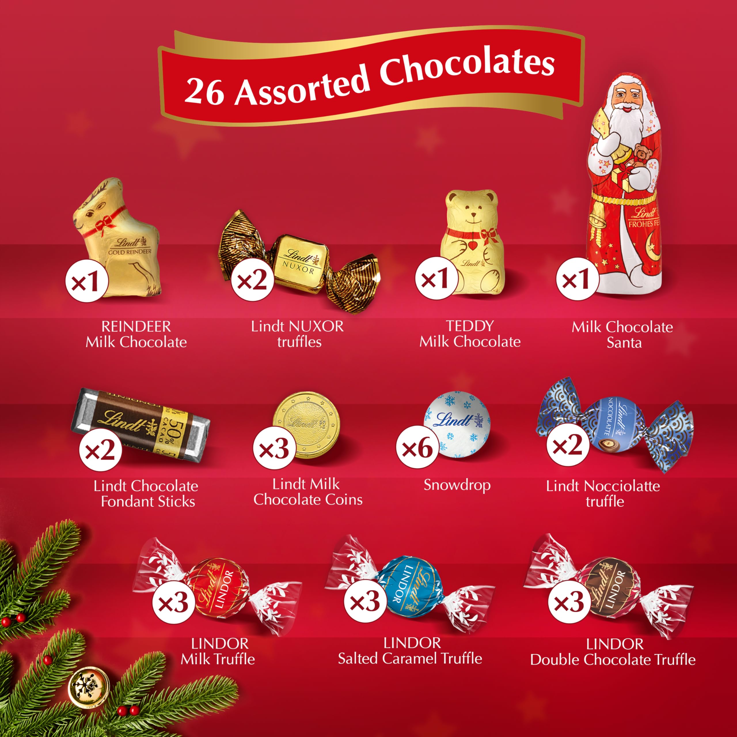 Lindt Festive Selection Advent Calendar 2025 – 24-Day Chocolate Countdown, 289g