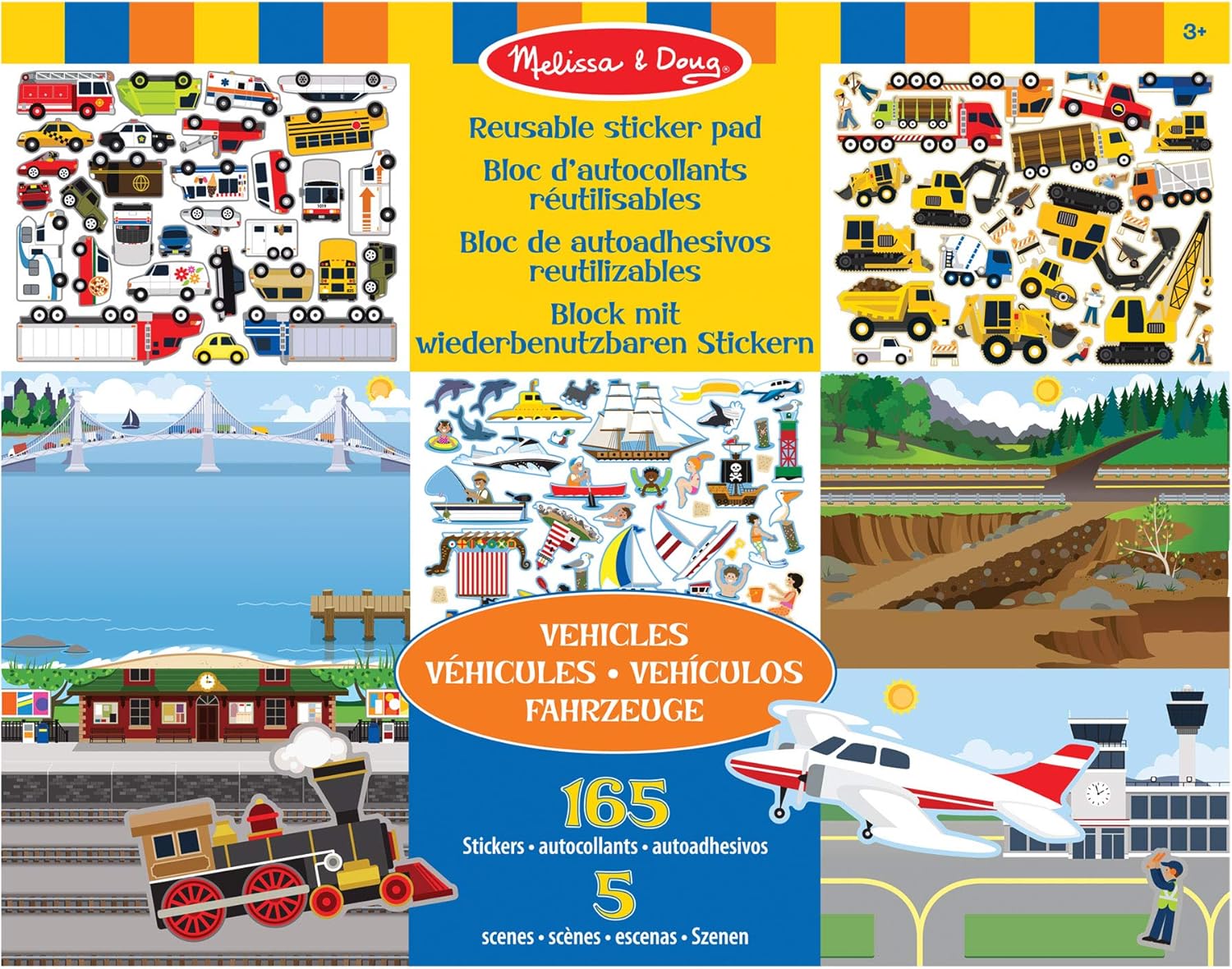 Melissa & Doug Reusable Sticker Pad - Vehicles | 165 Stickers & 5 Scenes | 3+