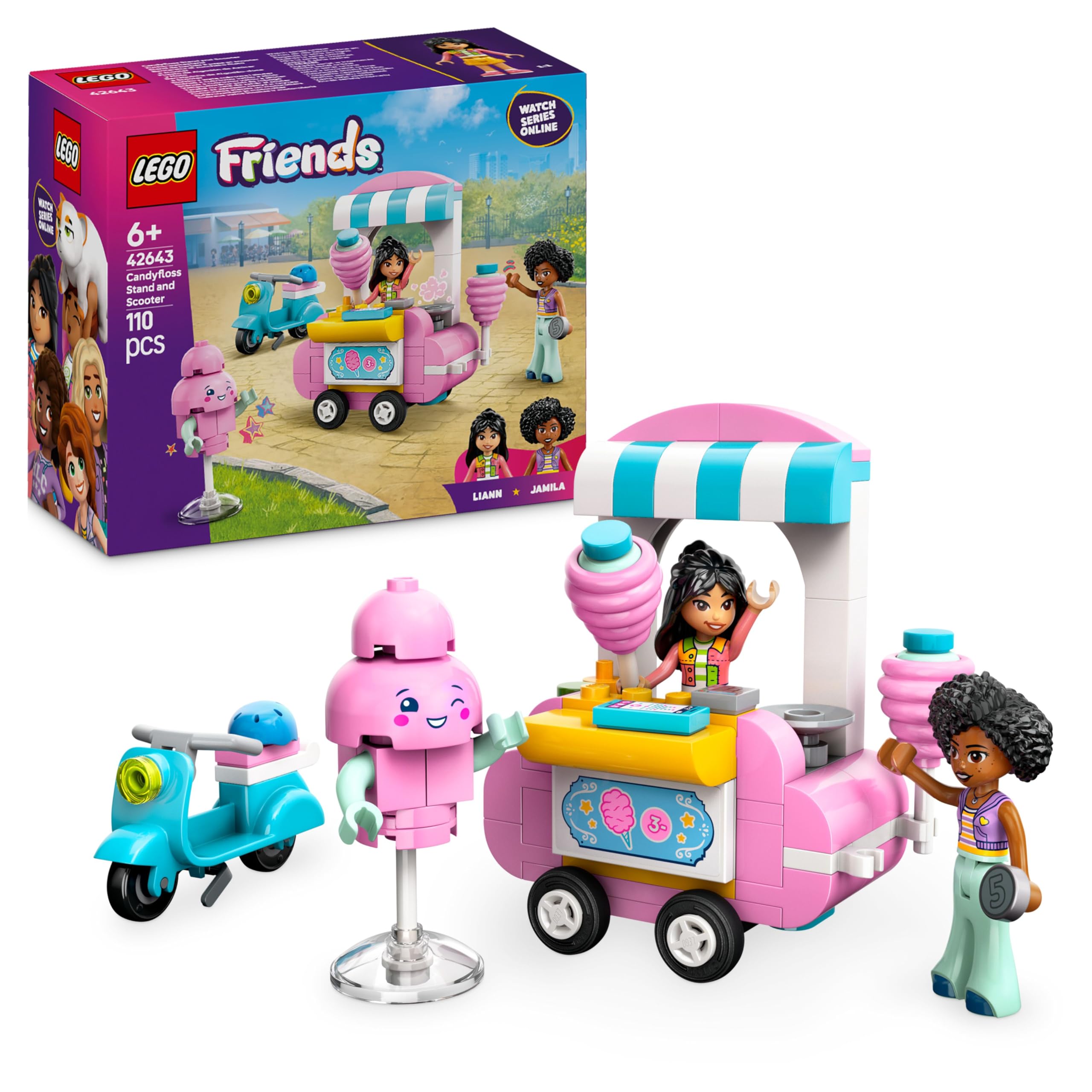 LEGO Friends Candyfloss Stand and Scooter Toy - Building Set with 2 Mini Dolls & Mascot, 110 Pieces