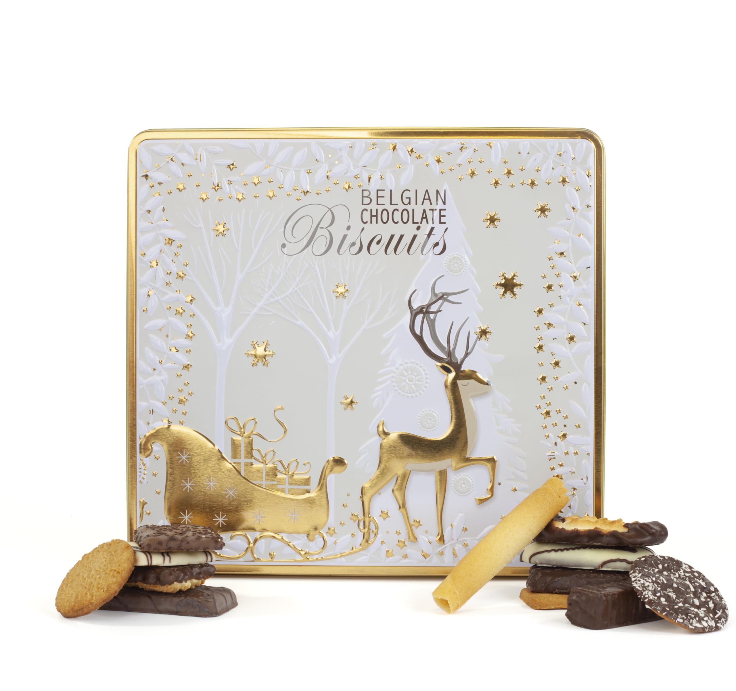The Silver Crane Co. - Belgian Biscuits Tin Christmas Gift Set with Assorted Chocolates