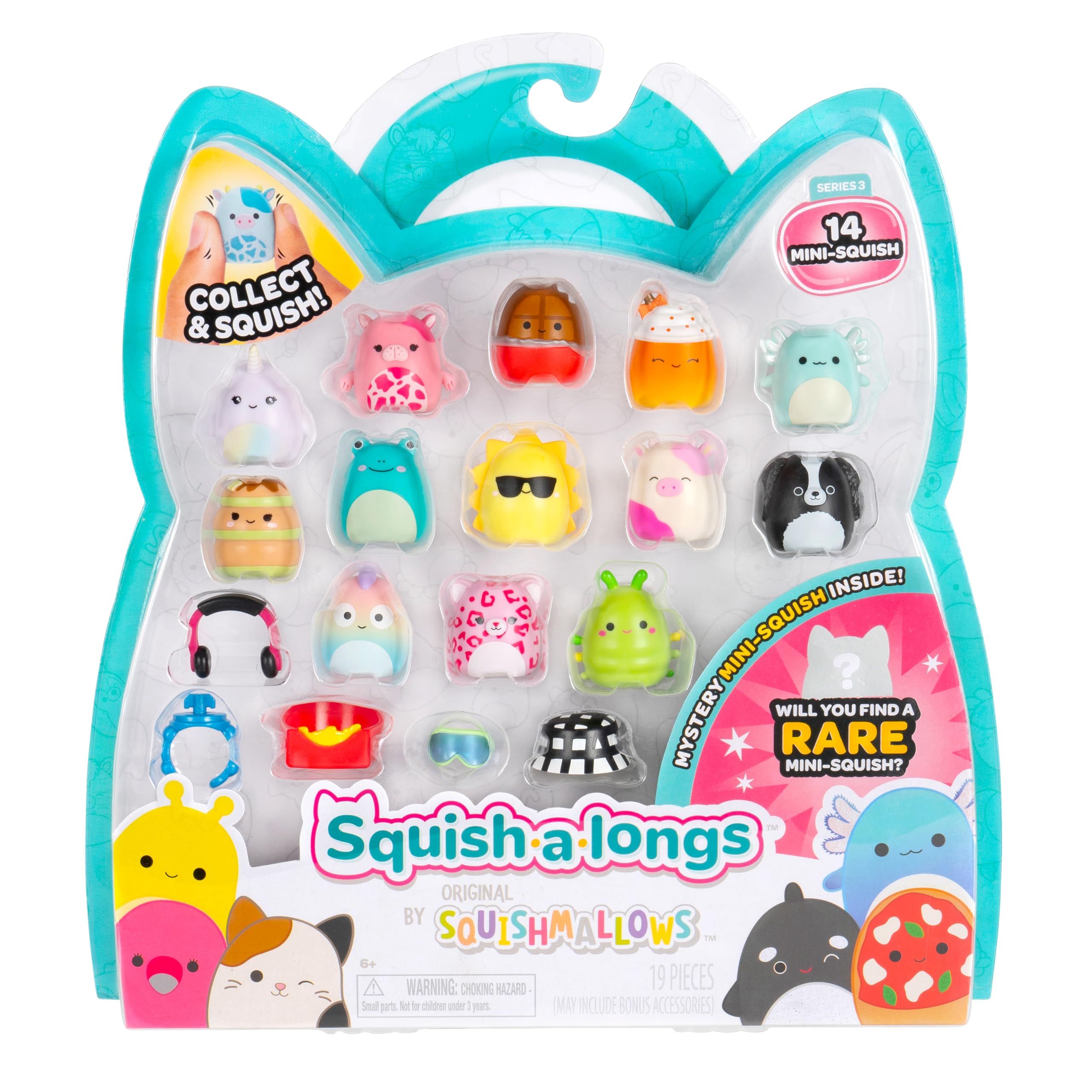 Squish-a-longs Mini-Squish 14-Pack - Pink Cow, Green Caterpillar, Rainbow Chameleon & Mystery Collectible