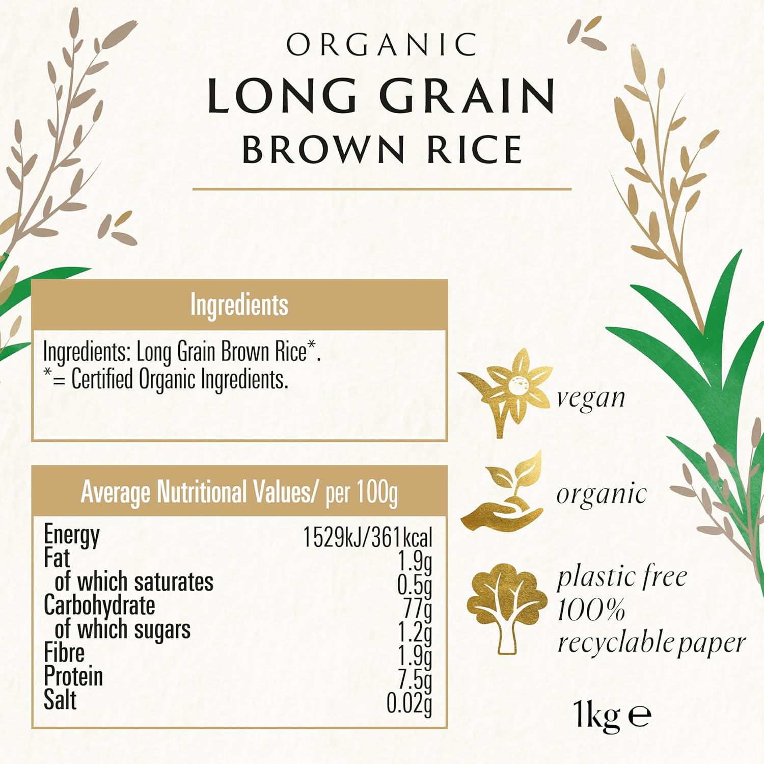 Biona Organic Long Grain Brown Rice, 1 kg - Plastic Free Paper Packaging