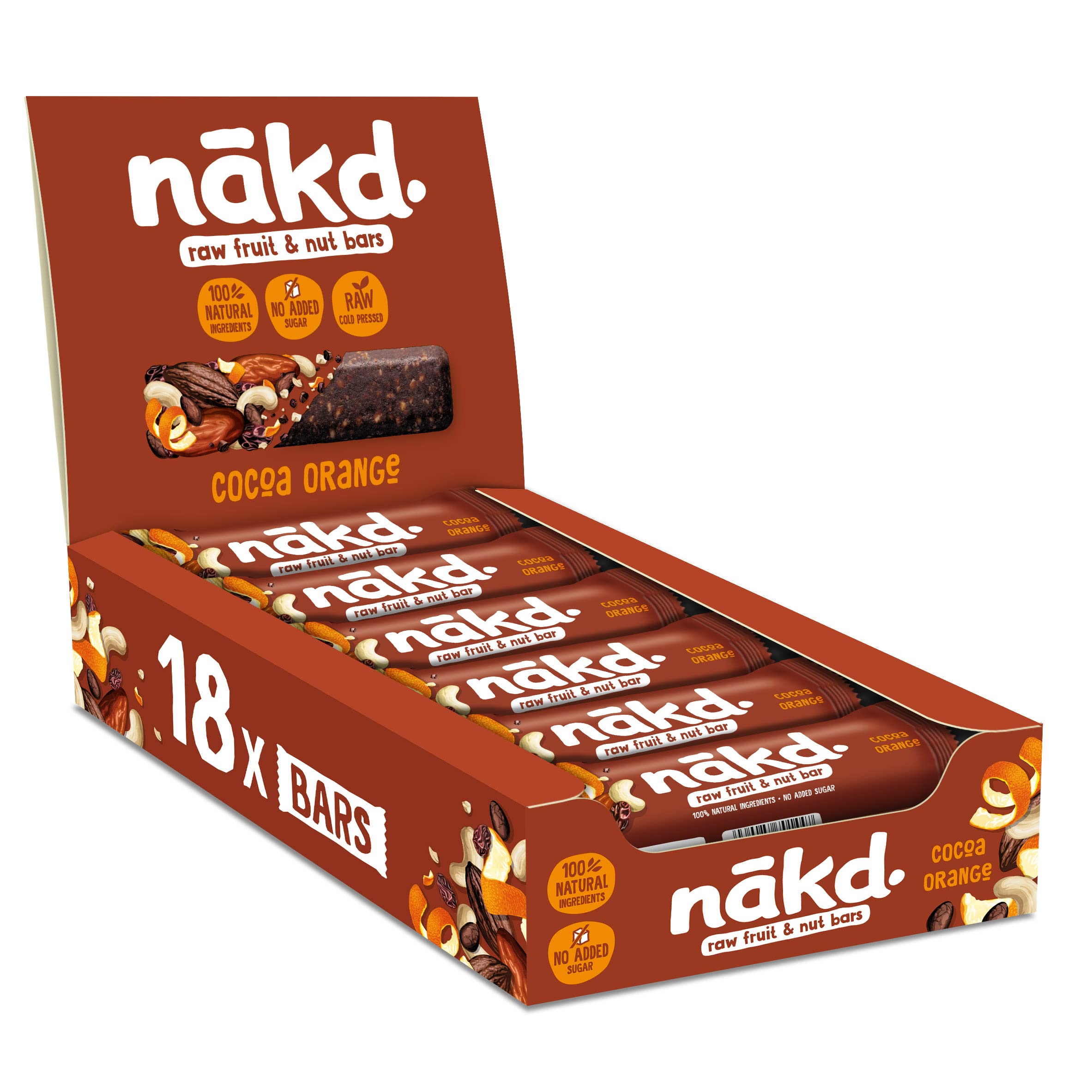 Nakd Cocoa Orange Natural Fruit & Nut Bars - Vegan Gluten Free Snack - 35g x 18
