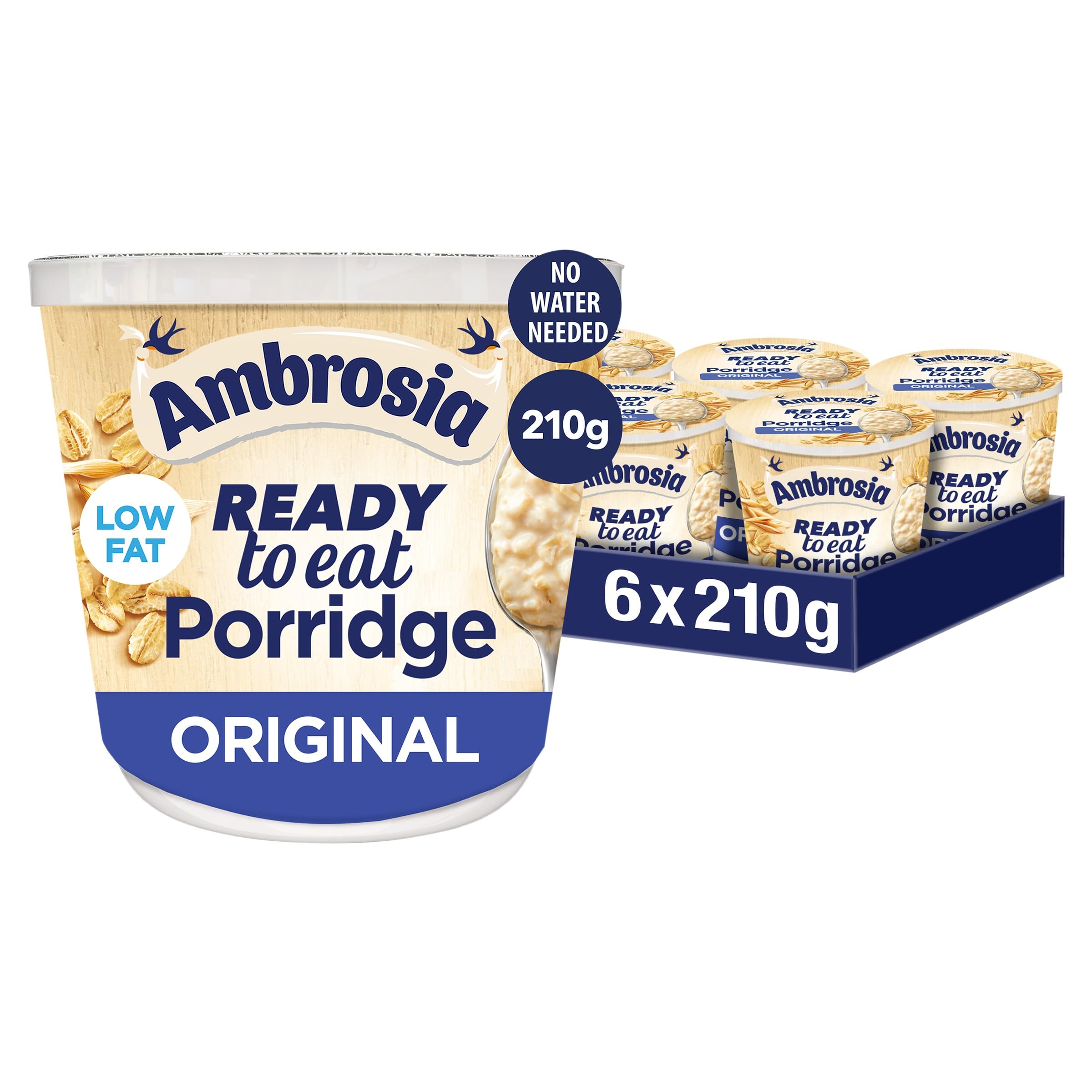 Ambrosia Original Ready to Eat Porridge Pots with British Wholegrain Oats, 210g (Pack of 6)