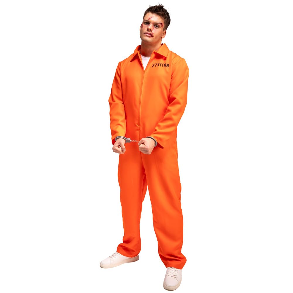 Wicked Costumes Men's Orange Convict Costume with Handcuffs & ID Board - Adult Fancy Dress