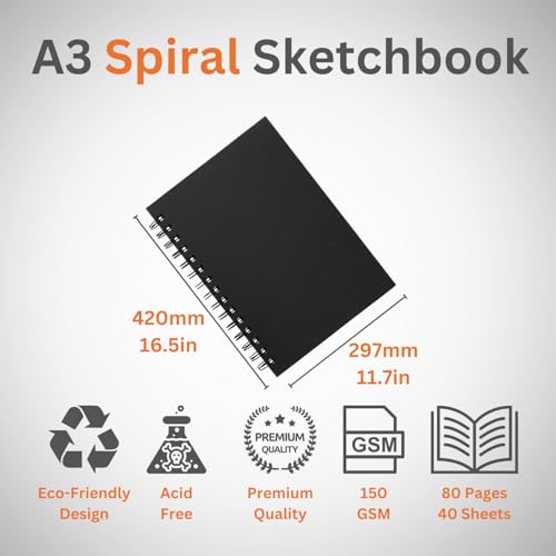 Hawksbill - A3 Black Sketchbook Hardcover Spiral 40 Sheets 150GSM Acid-Free Paper
