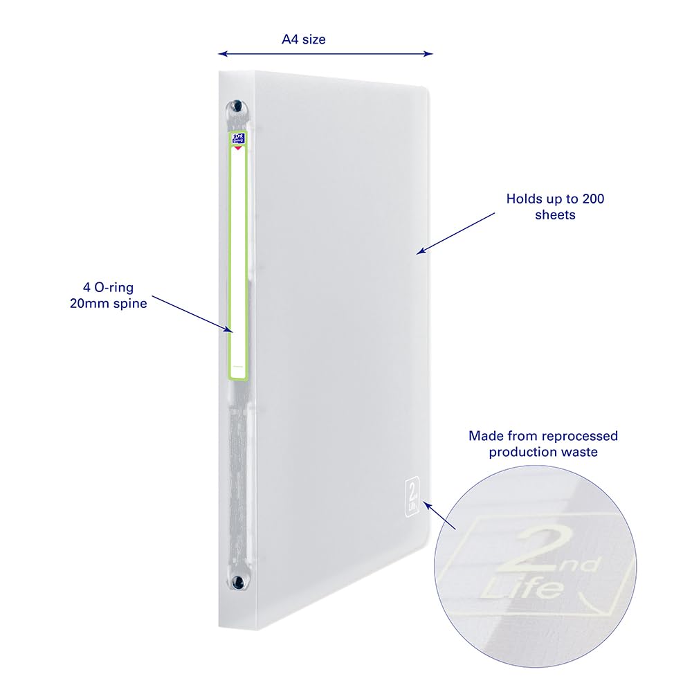 Oxford 2nd Life A4 O-Ring Binder - 20mm Spine, 4 Rings, Clear Polypropylene