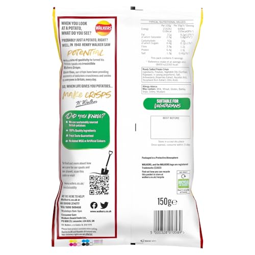 Walkers Ready Salted Crisps - 150g Sharing Bag | Made with 100% Great British Potatoes