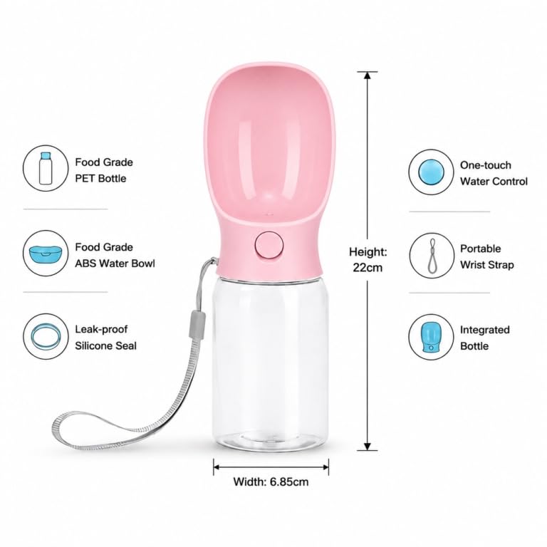 Muexoee Dog Water Bottle - 350ml Sakura Pink Portable Travel Water Dispenser 2