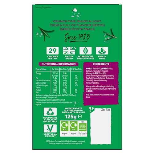 Ryvita Rosemary & Sea Salt Thins | 6 x 125g | Fibre-Rich Crackers | Dipping, Snacking, Sharing | Made in UK 7