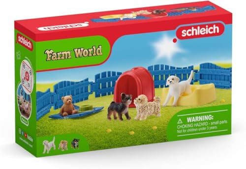 SCHLEICH Farm World Puppy Pen Playset - 13-Piece Animal Playset with 3 Puppies 11