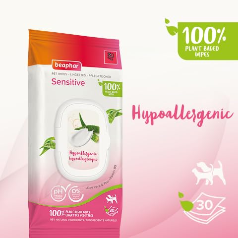 Beaphar Sensitive Grooming Wipes for Cats & Dogs | 100% Plant-Based | Aloe Vera & Pro-Vitamin B5