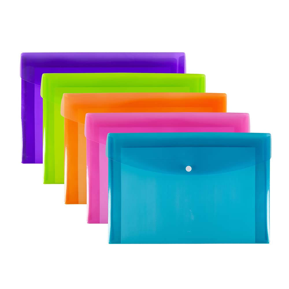 SUMMIT A4+ Plastic Popper Wallets - Assorted Colours Document Folders | Pack of 5 | Heavy Duty Polypropylene