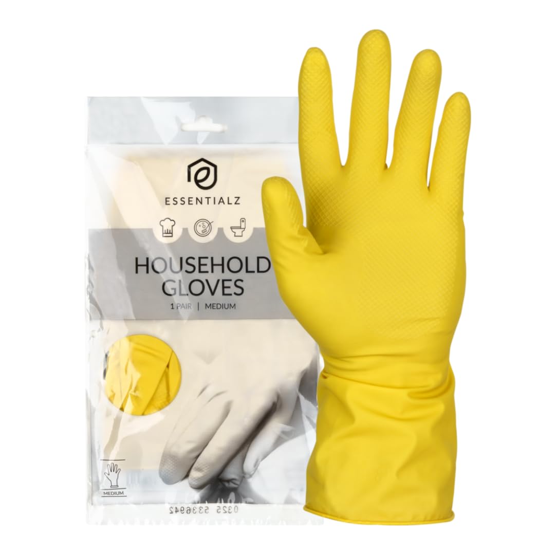Essentialz Yellow Latex Household Gloves - Medium Size, Reusable, Powder-Free | 2 Count